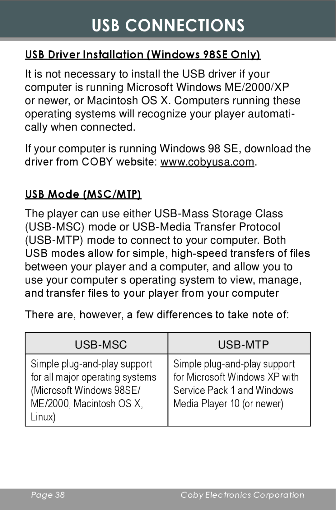 COBY electronic MP-C654 instruction manual USB Driver Installation Windows 98SE Only, USB Mode MSC/MTP 