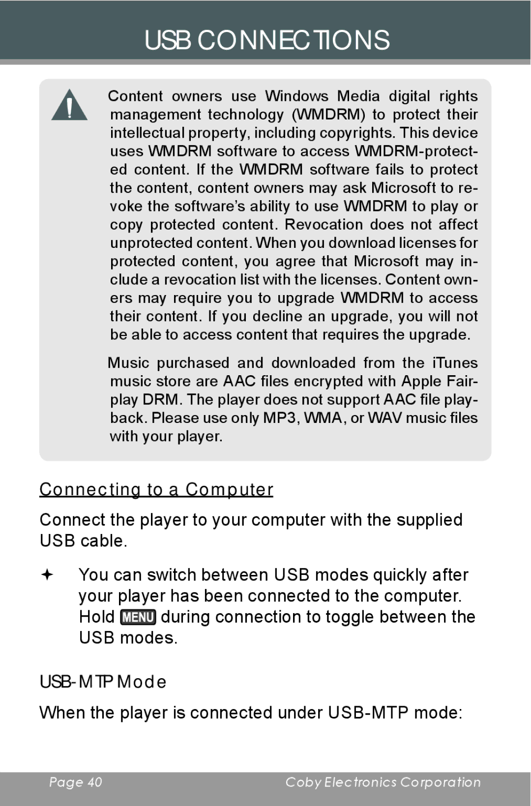 COBY electronic MP-C654 instruction manual Connecting to a Computer, USB-MTP Mode 