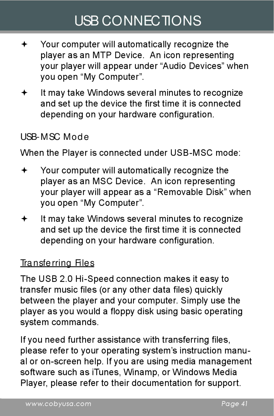 COBY electronic MP-C654 instruction manual USB-MSC Mode, Transferring Files 