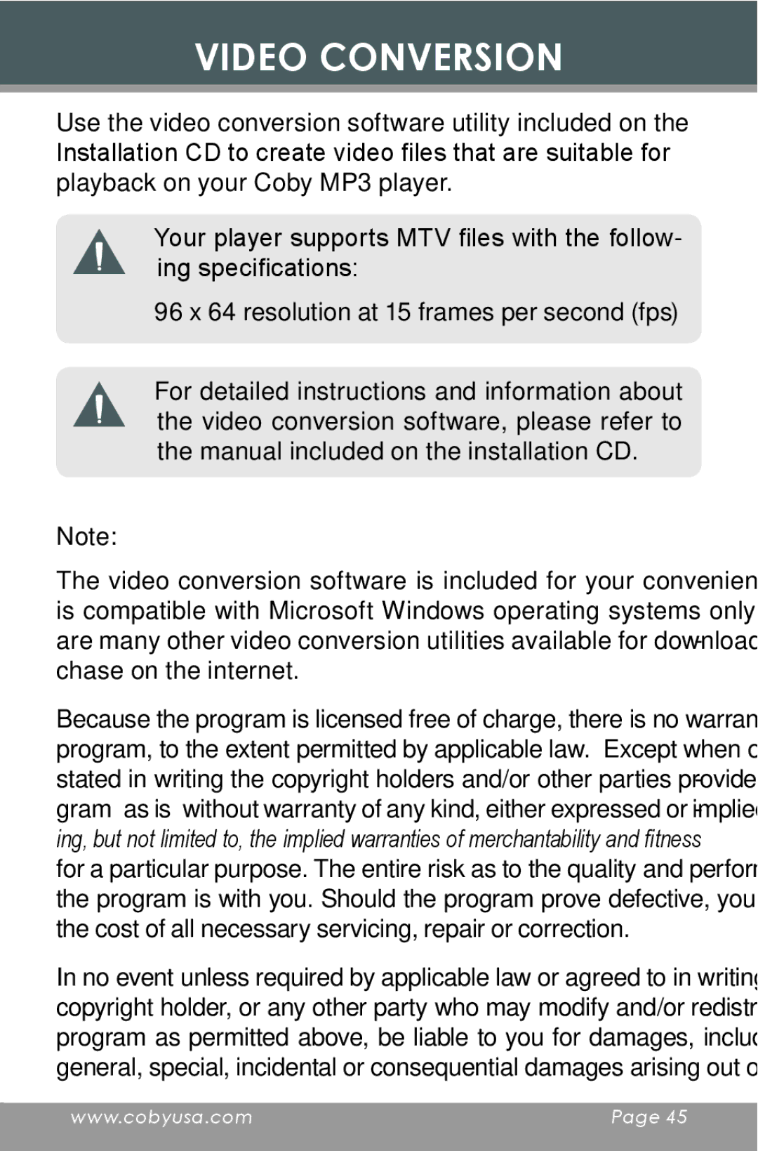 COBY electronic MP-C654 instruction manual Video Conversion 