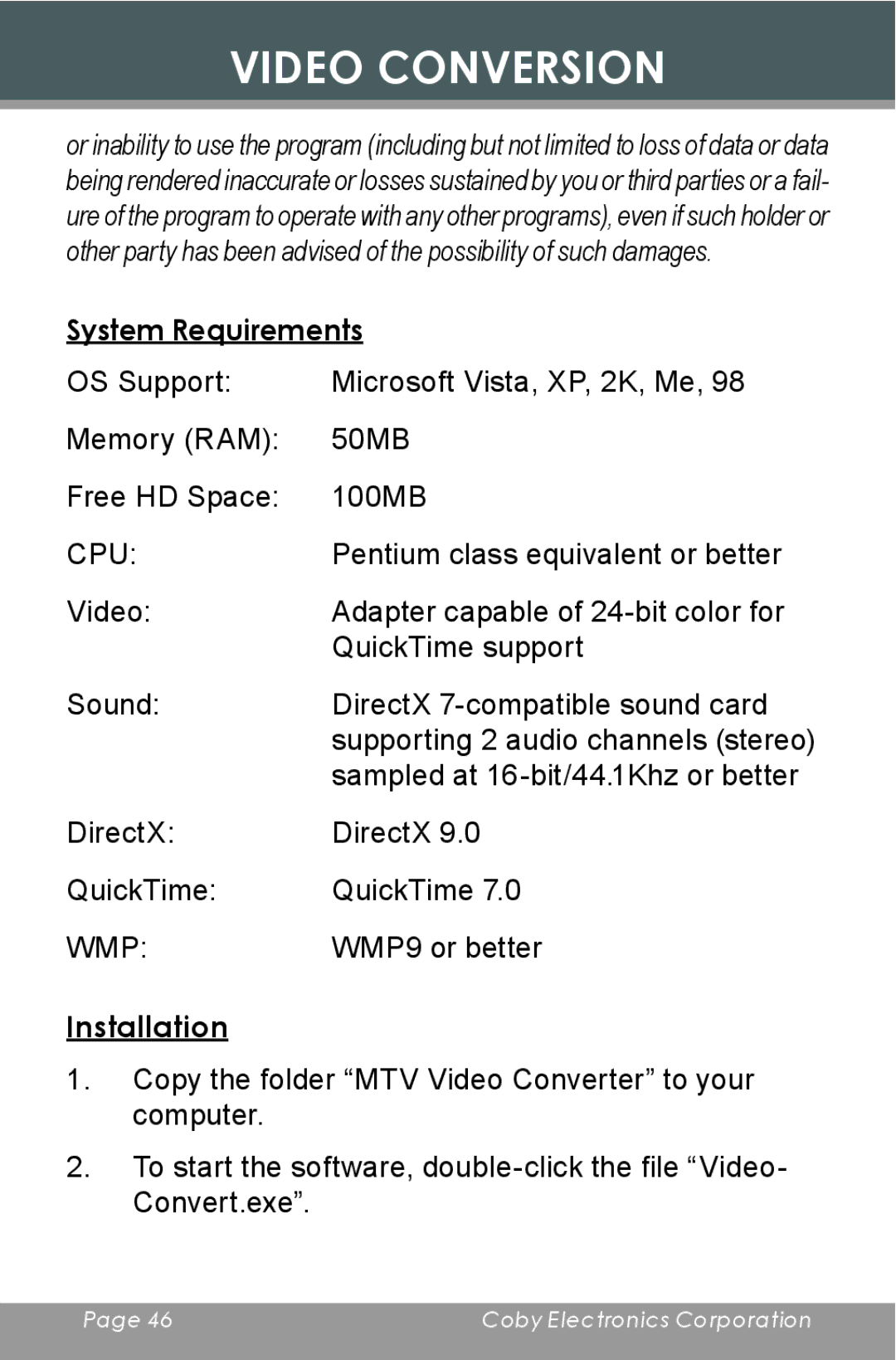 COBY electronic MP-C654 instruction manual System Requirements, Installation 