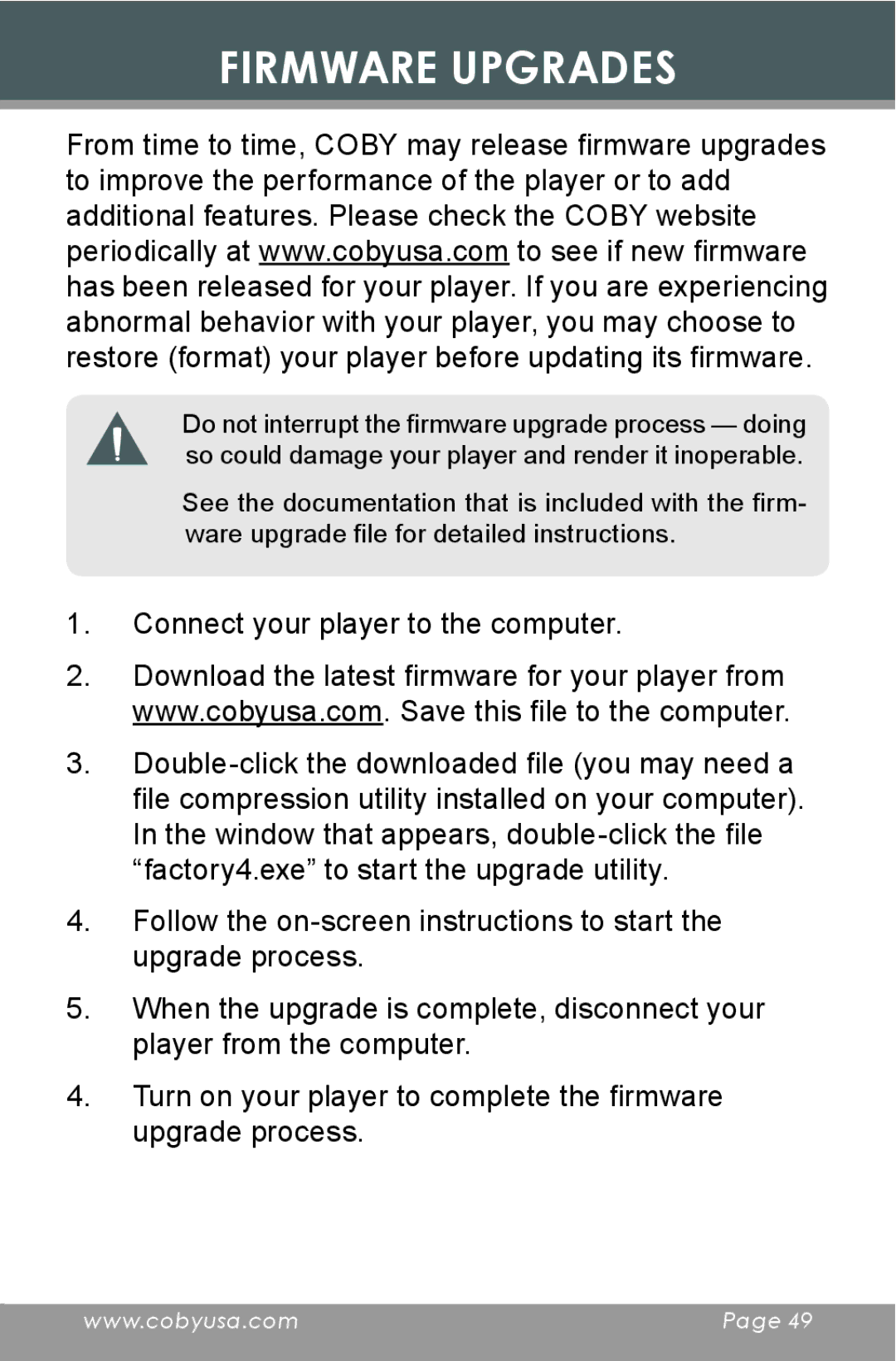 COBY electronic MP-C654 instruction manual Firmware Upgrades 