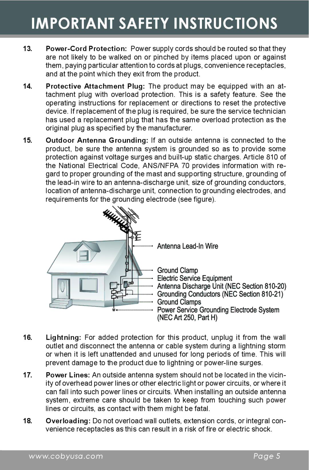 COBY electronic MP-C654 instruction manual Important Safety Instructions 