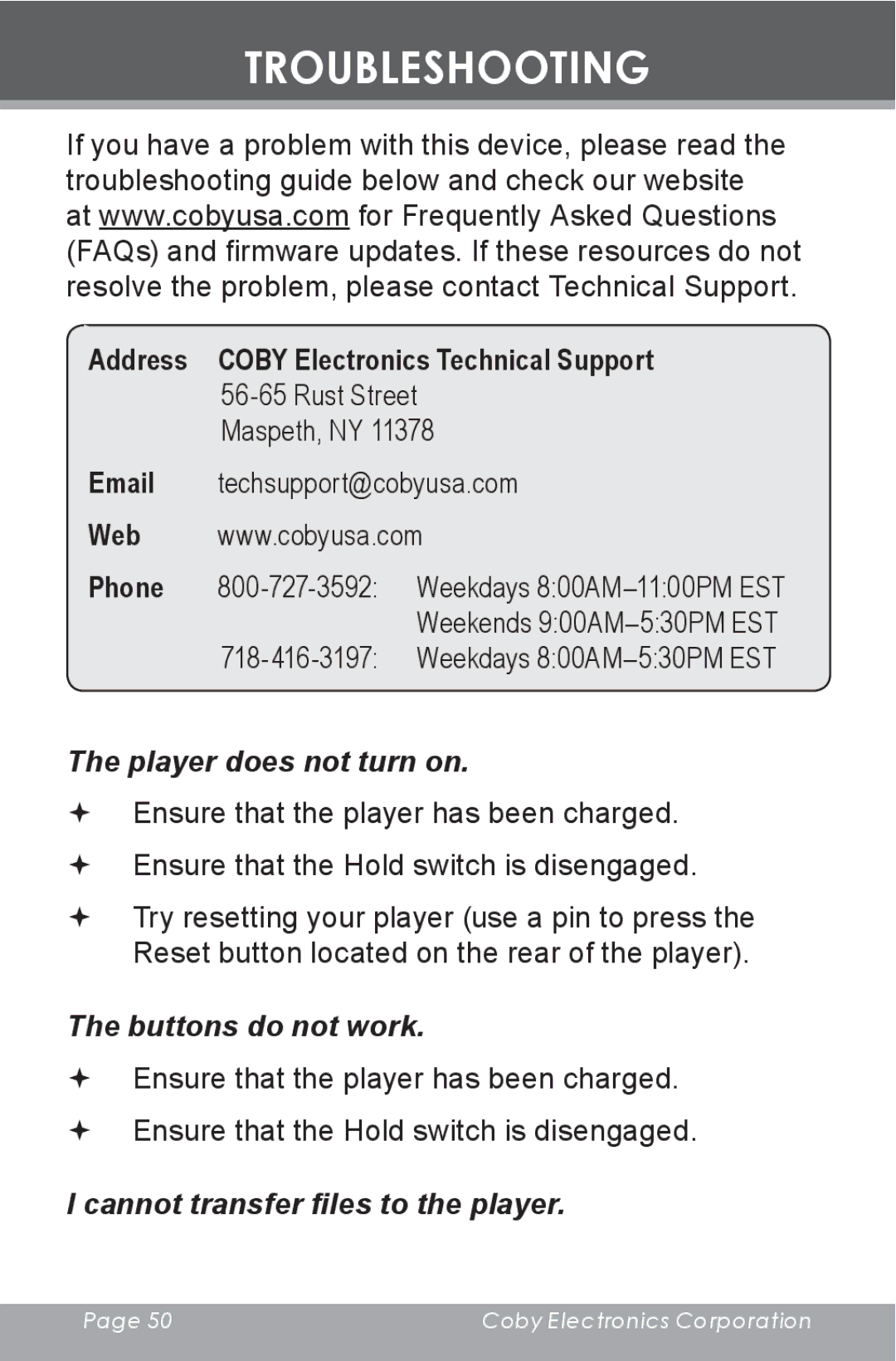 COBY electronic MP-C654 instruction manual Troubleshooting, Player does not turn on 