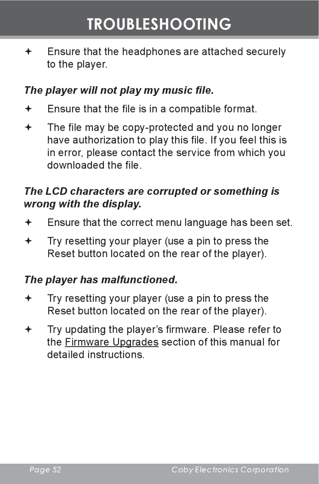 COBY electronic MP-C654 instruction manual Player will not play my music file 