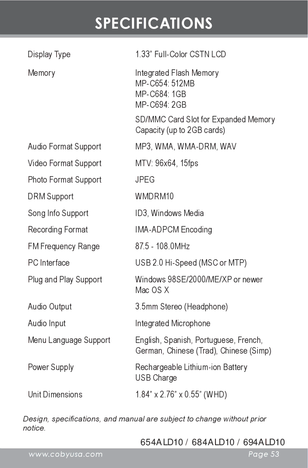 COBY electronic MP-C654 instruction manual Specifications, WMDRM10 