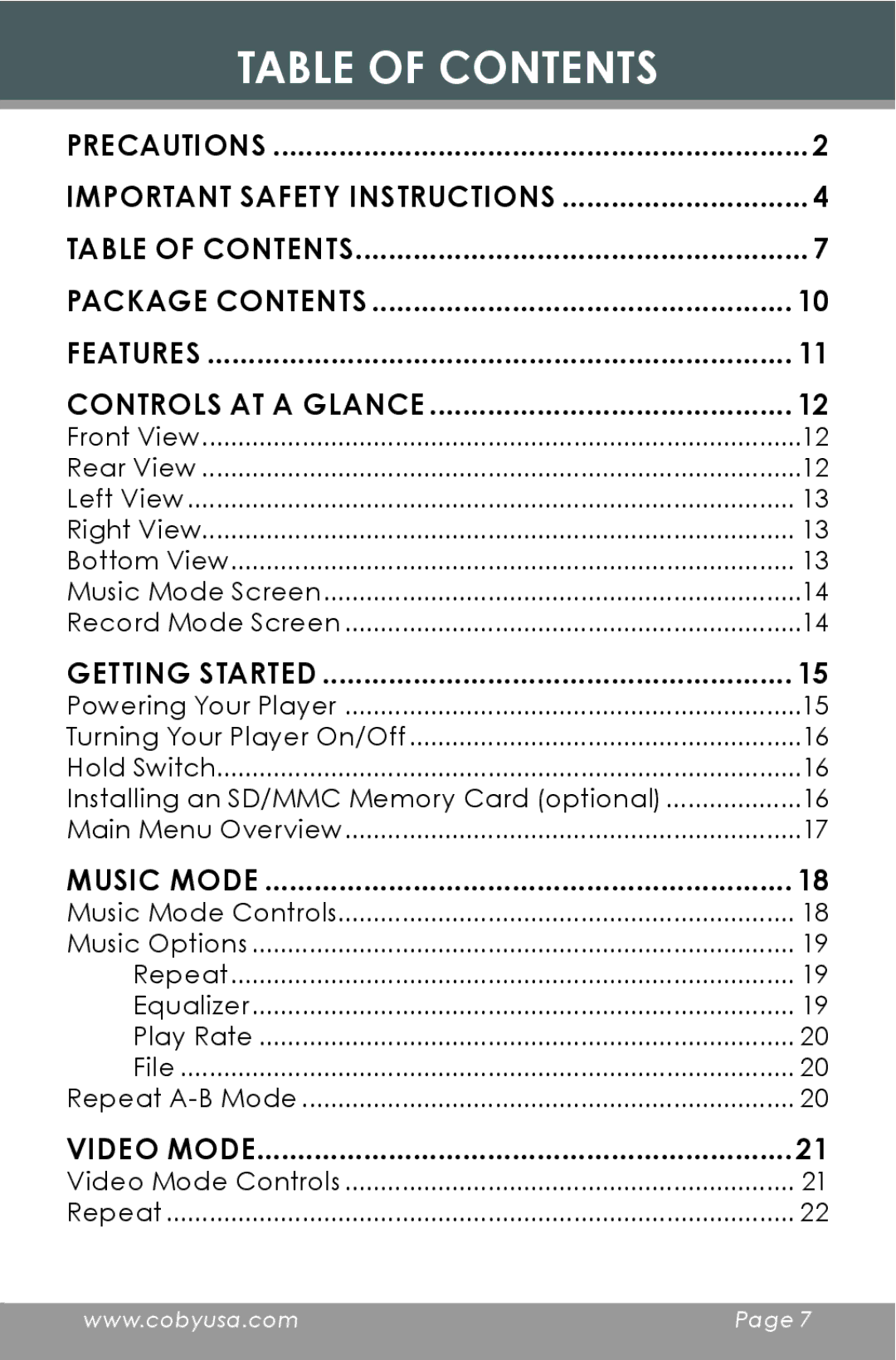 COBY electronic MP-C654 instruction manual Table of Contents 