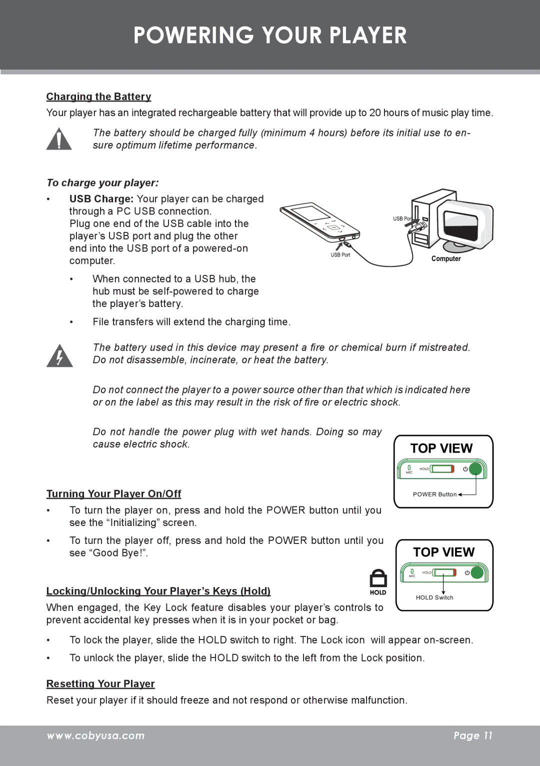 COBY electronic MP-C7085 instruction manual Powering Your Player, To charge your player 