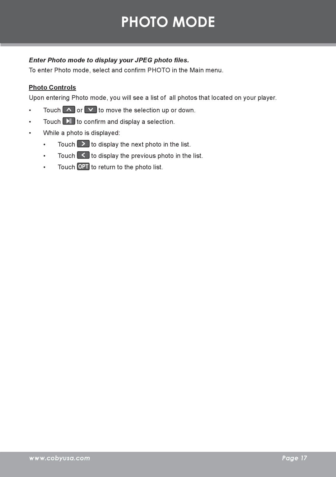 COBY electronic MP-C7085 instruction manual Photo Mode, Enter Photo mode to display your Jpeg photo files, Photo Controls 