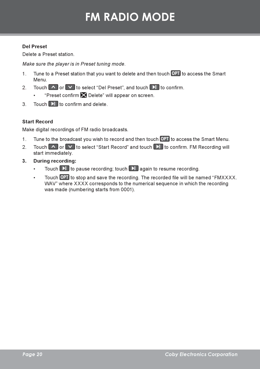 COBY electronic MP-C7085 instruction manual Del Preset Delete a Preset station, Start Record, During recording 