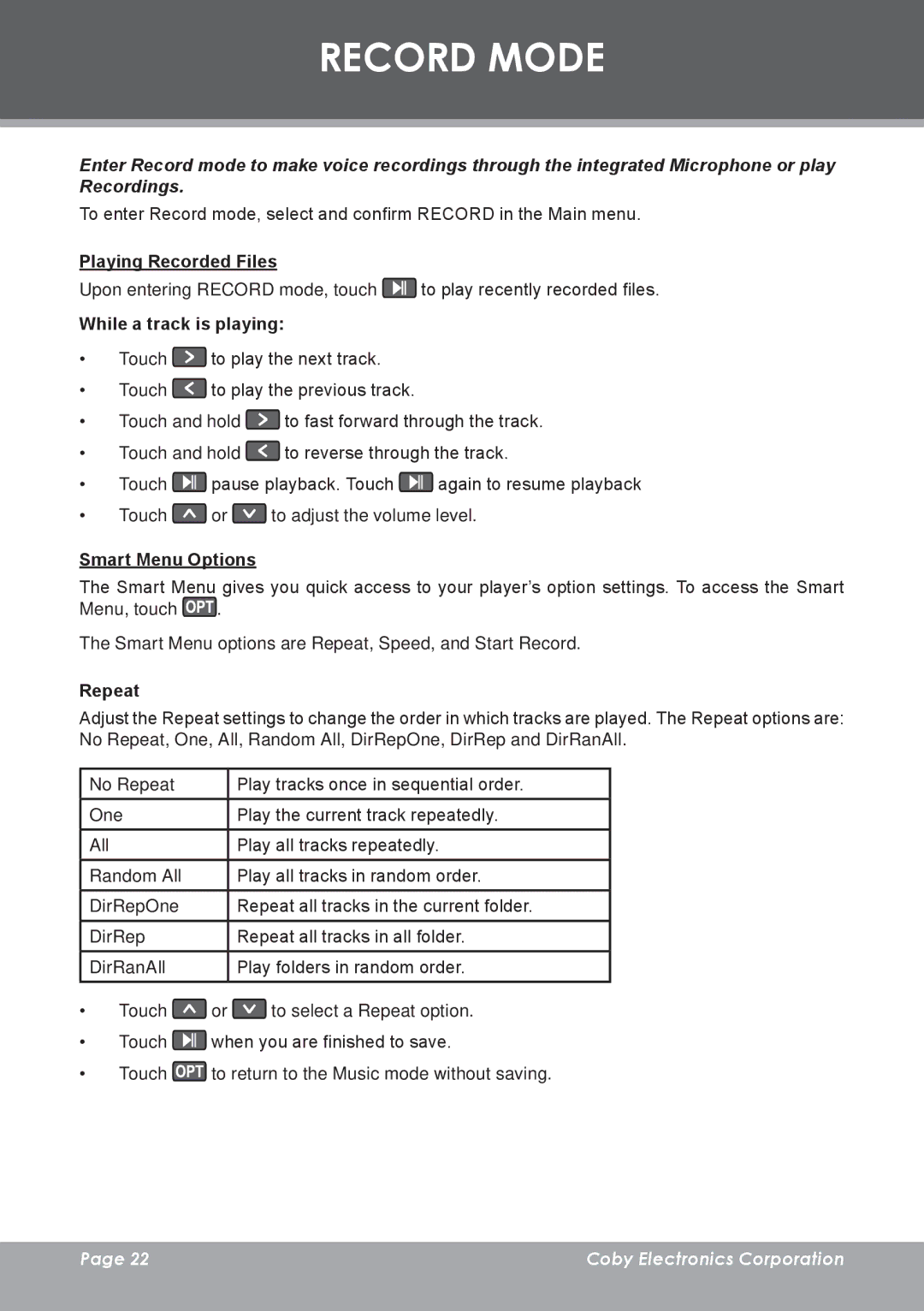 COBY electronic MP-C7085 instruction manual Record Mode, Playing Recorded Files, While a track is playing 