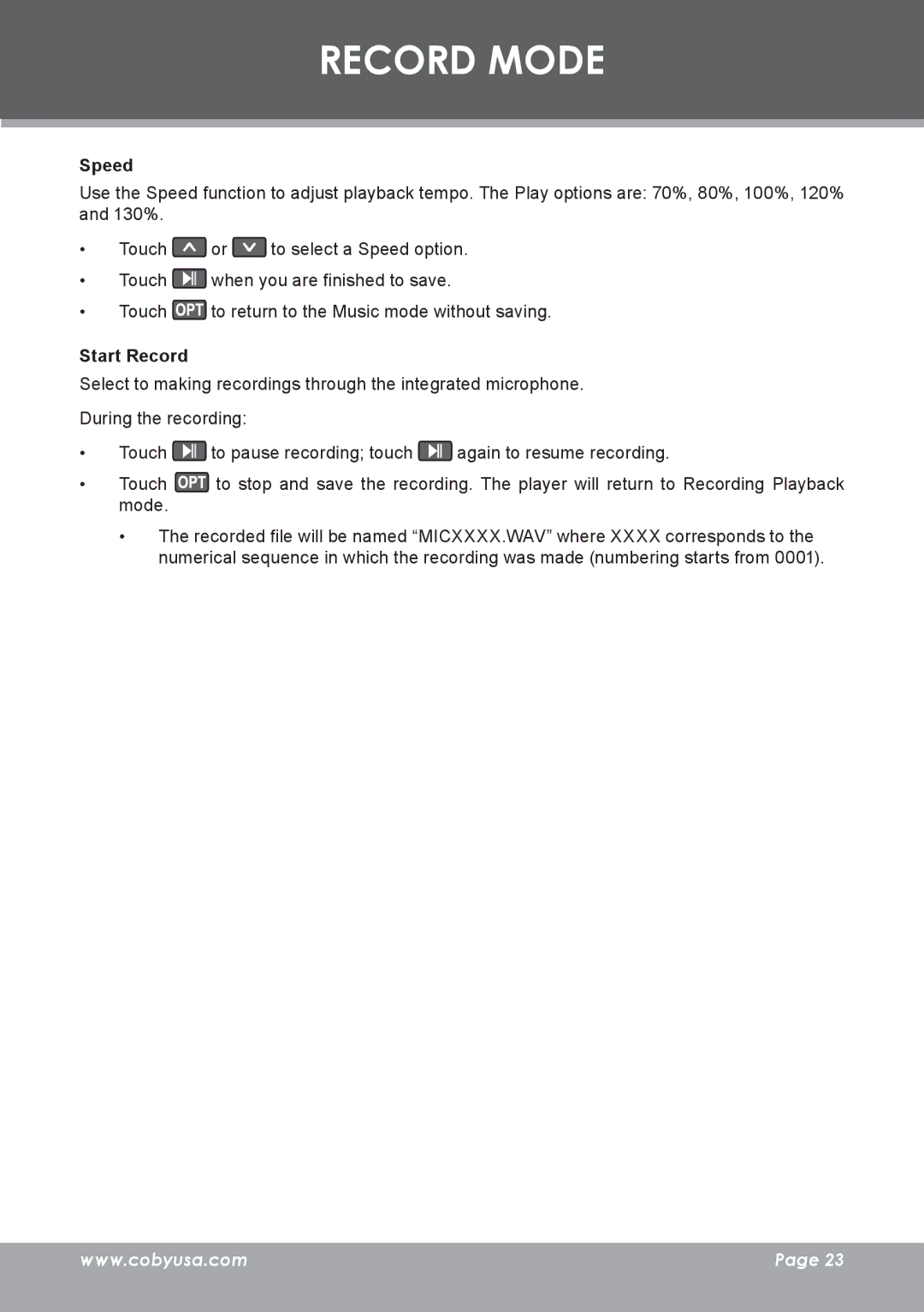 COBY electronic MP-C7085 instruction manual Speed 