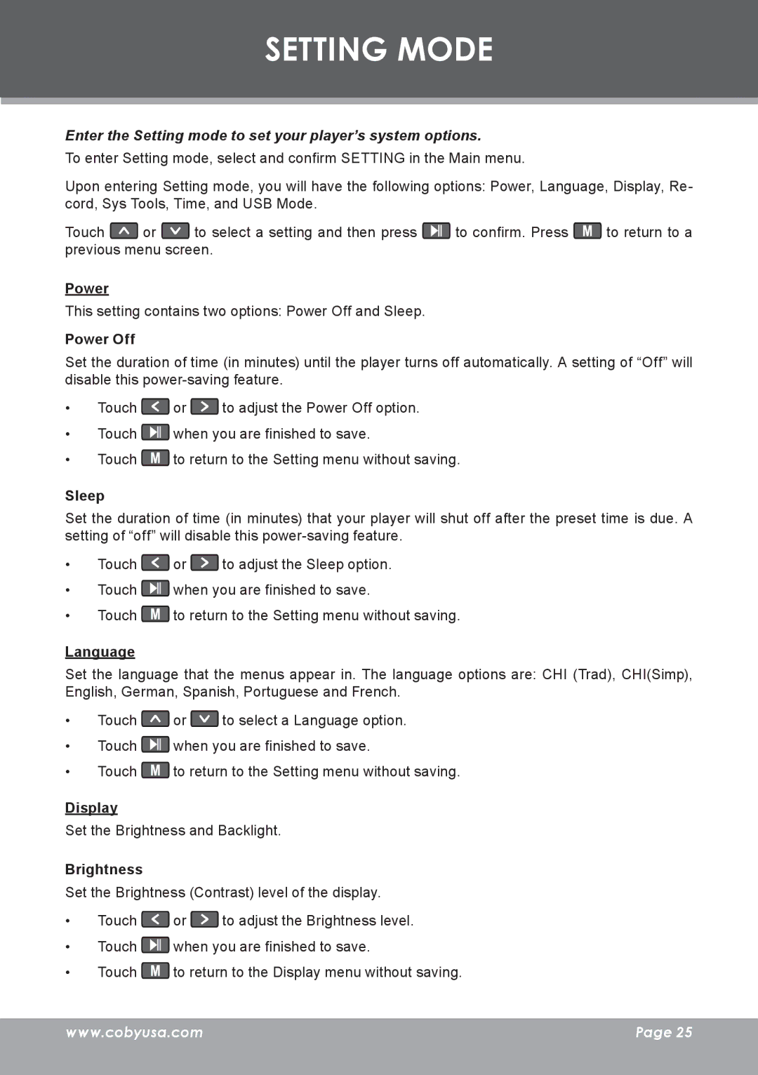 COBY electronic MP-C7085 instruction manual Setting Mode, Enter the Setting mode to set your player’s system options 