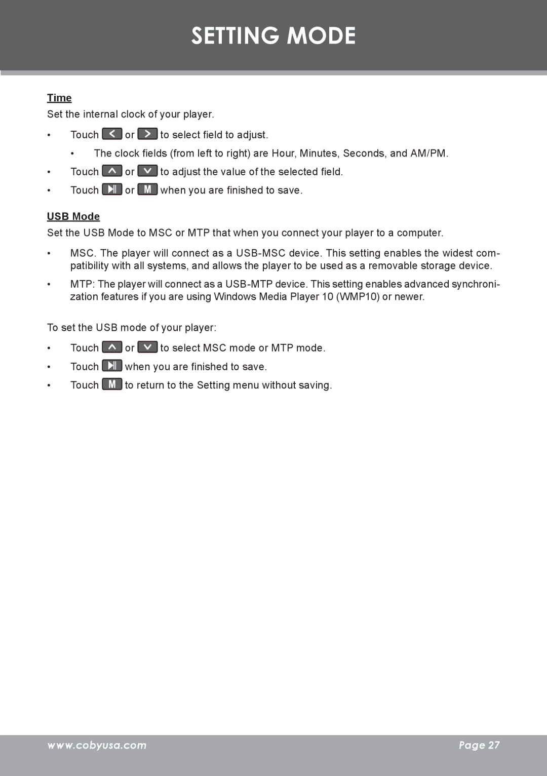 COBY electronic MP-C7085 instruction manual Time, USB Mode 