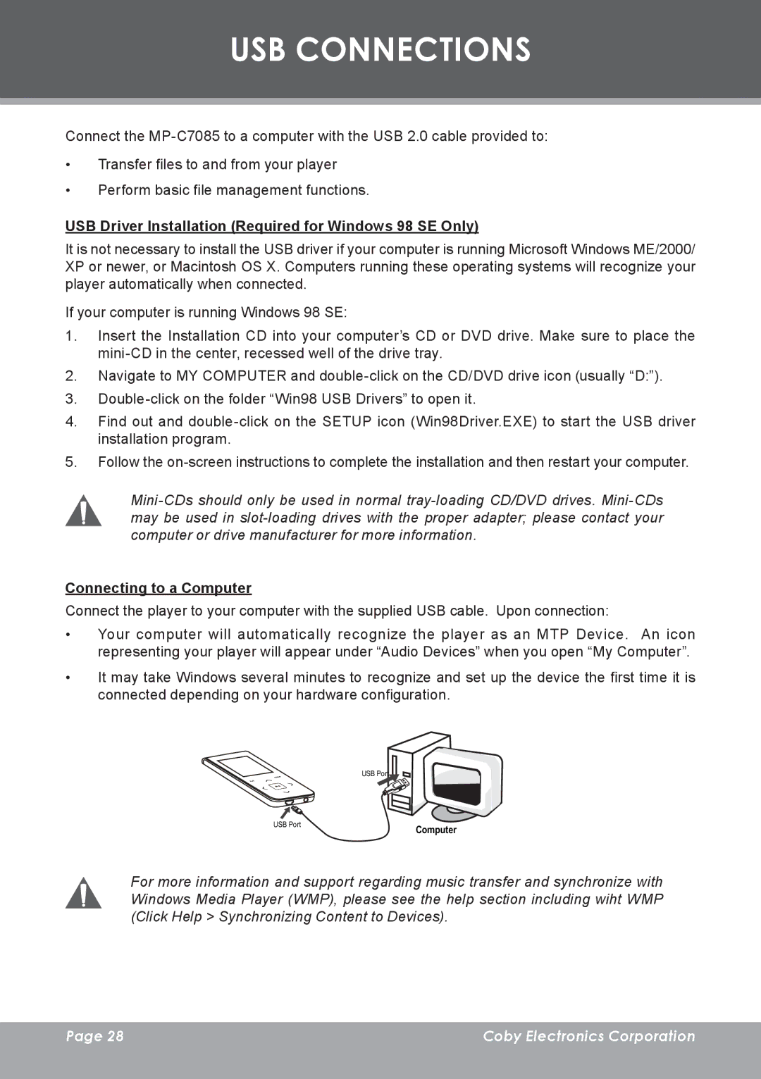 COBY electronic MP-C7085 instruction manual USB Connections, USB Driver Installation Required for Windows 98 SE Only 