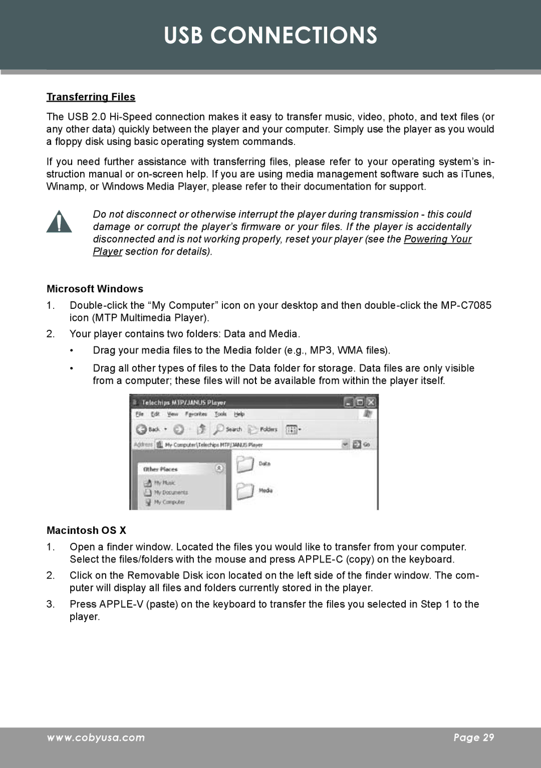 COBY electronic MP-C7085 instruction manual Transferring Files, Microsoft Windows, Macintosh OS 