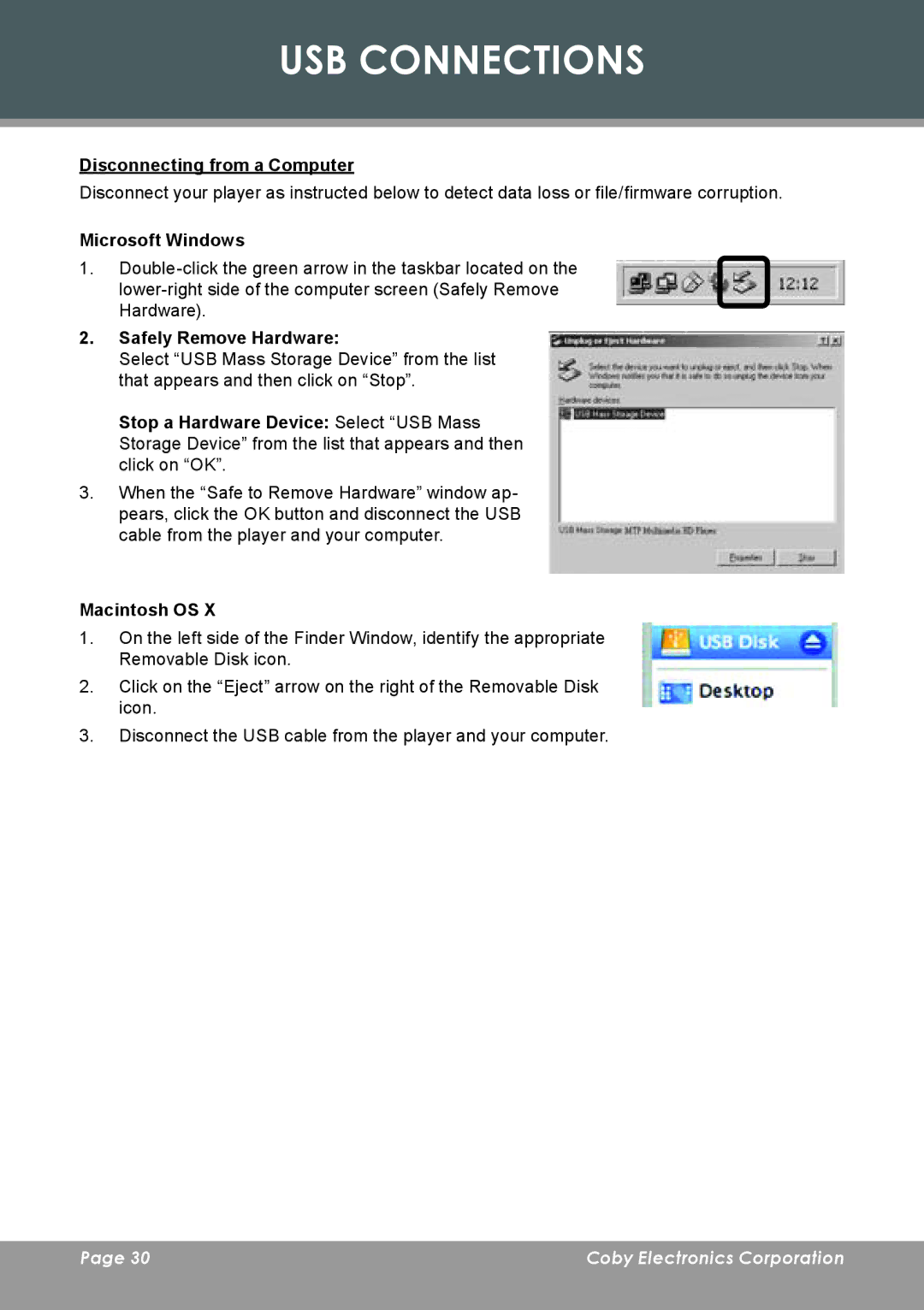 COBY electronic MP-C7085 instruction manual Disconnecting from a Computer, . Safely Remove Hardware 