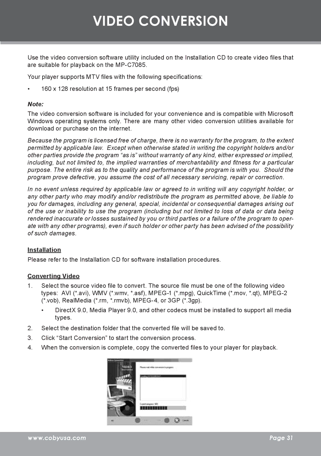 COBY electronic MP-C7085 instruction manual Video Conversion, Installation, Converting Video 