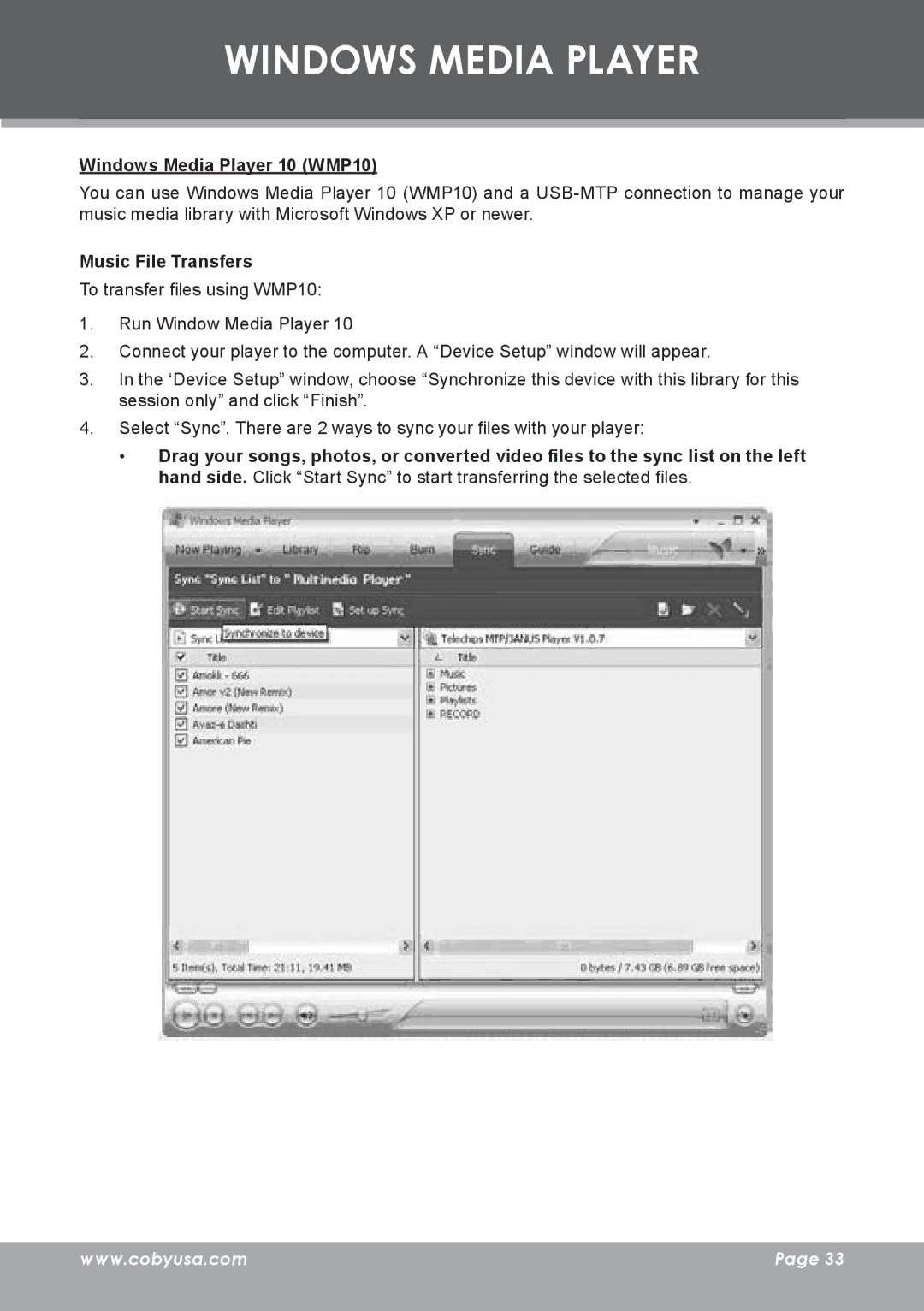 COBY electronic MP-C7085 instruction manual Windows Media Player 10 WMP10, Music File Transfers 