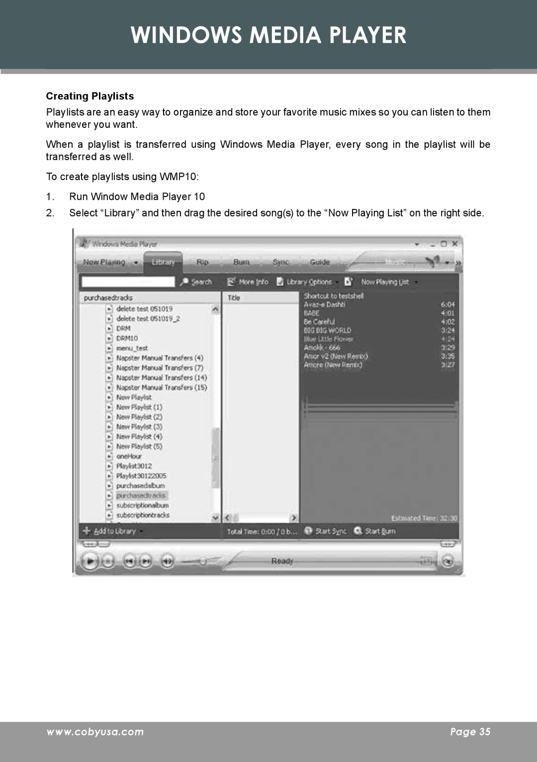 COBY electronic MP-C7085 instruction manual Creating Playlists 