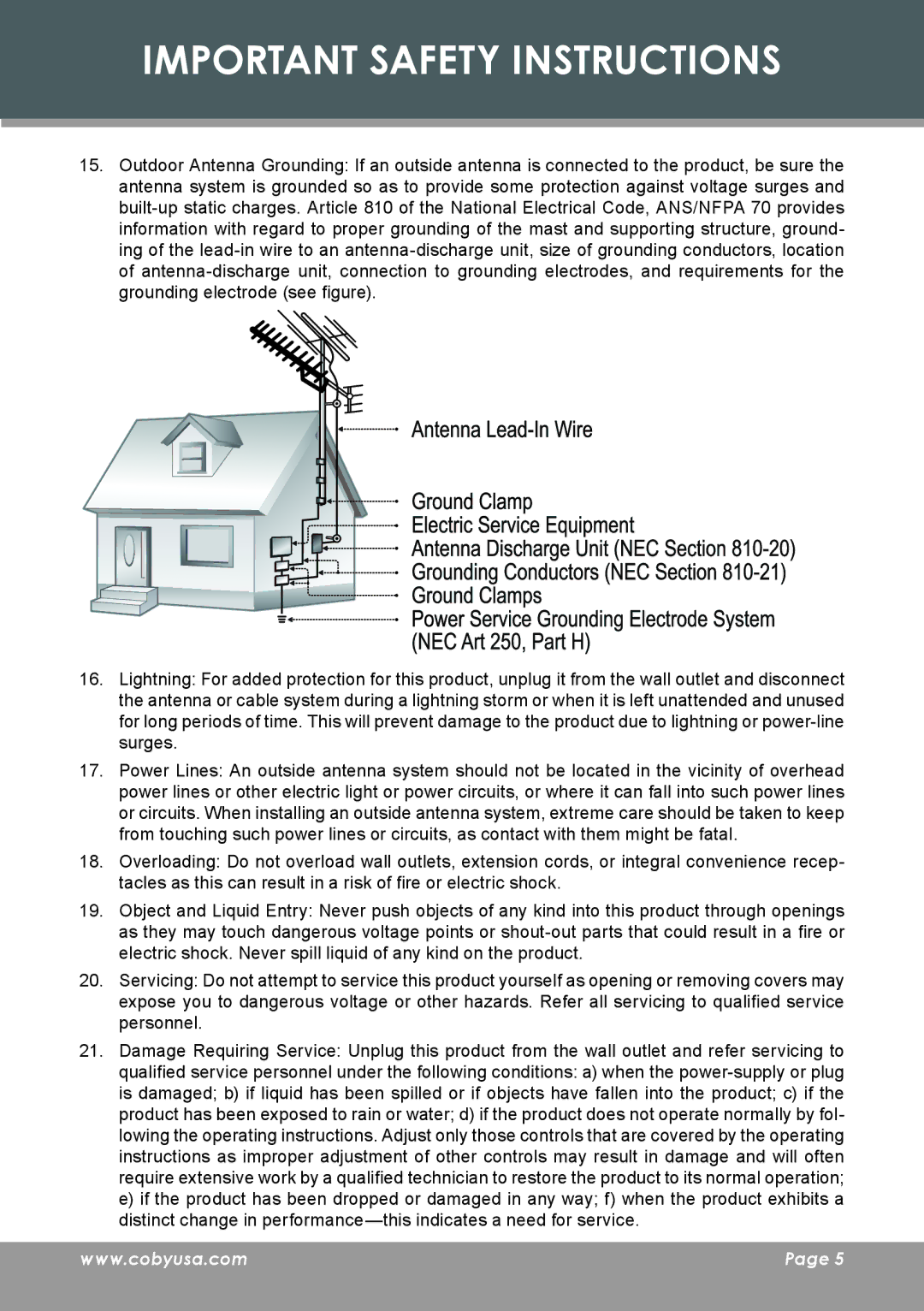 COBY electronic MP-C7085 instruction manual Important Safety Instructions 