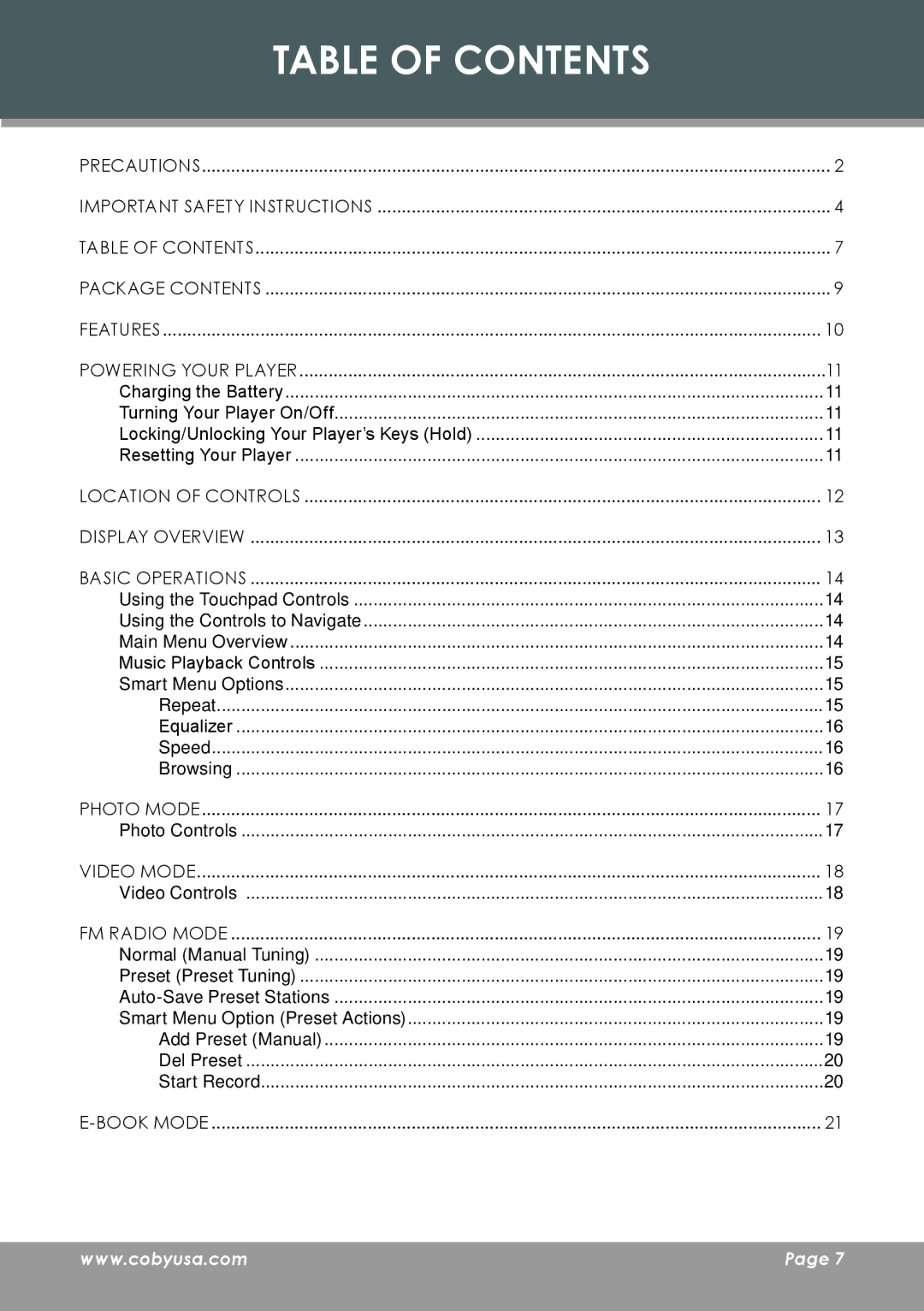 COBY electronic MP-C7085 instruction manual Table of Contents 