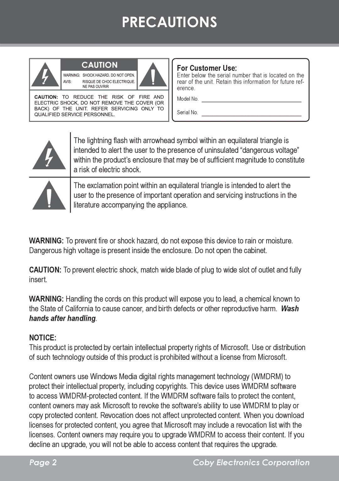 COBY electronic MP-C7095 instruction manual Precautions, For Customer Use 