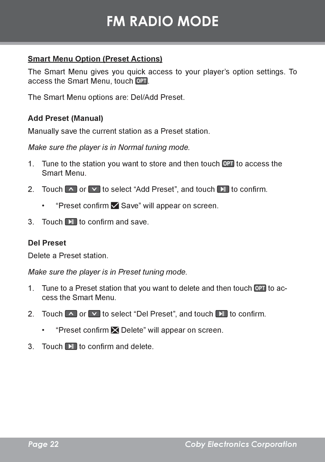 COBY electronic MP-C7095 instruction manual Smart Menu Option Preset Actions22, Add Preset Manual, Del Preset 