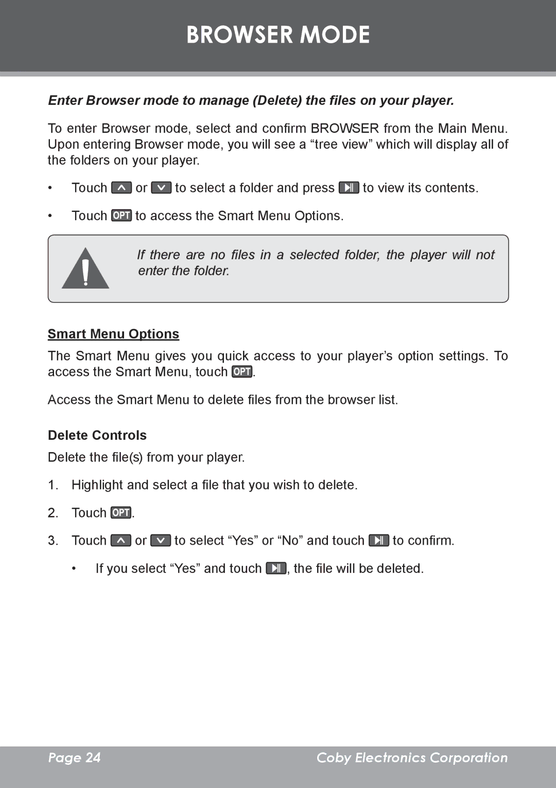 COBY electronic MP-C7095 instruction manual Browser Mode, Delete Controls 