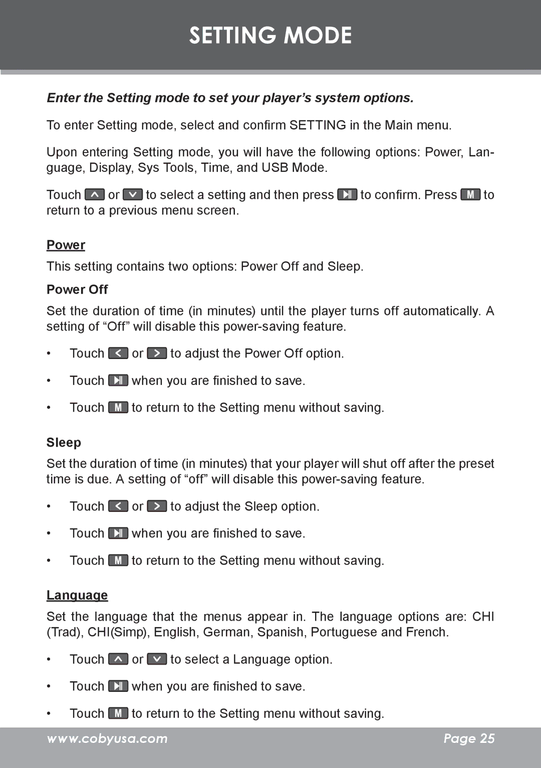 COBY electronic MP-C7095 instruction manual Setting Mode, Enter the Setting mode to set your player’s system options 