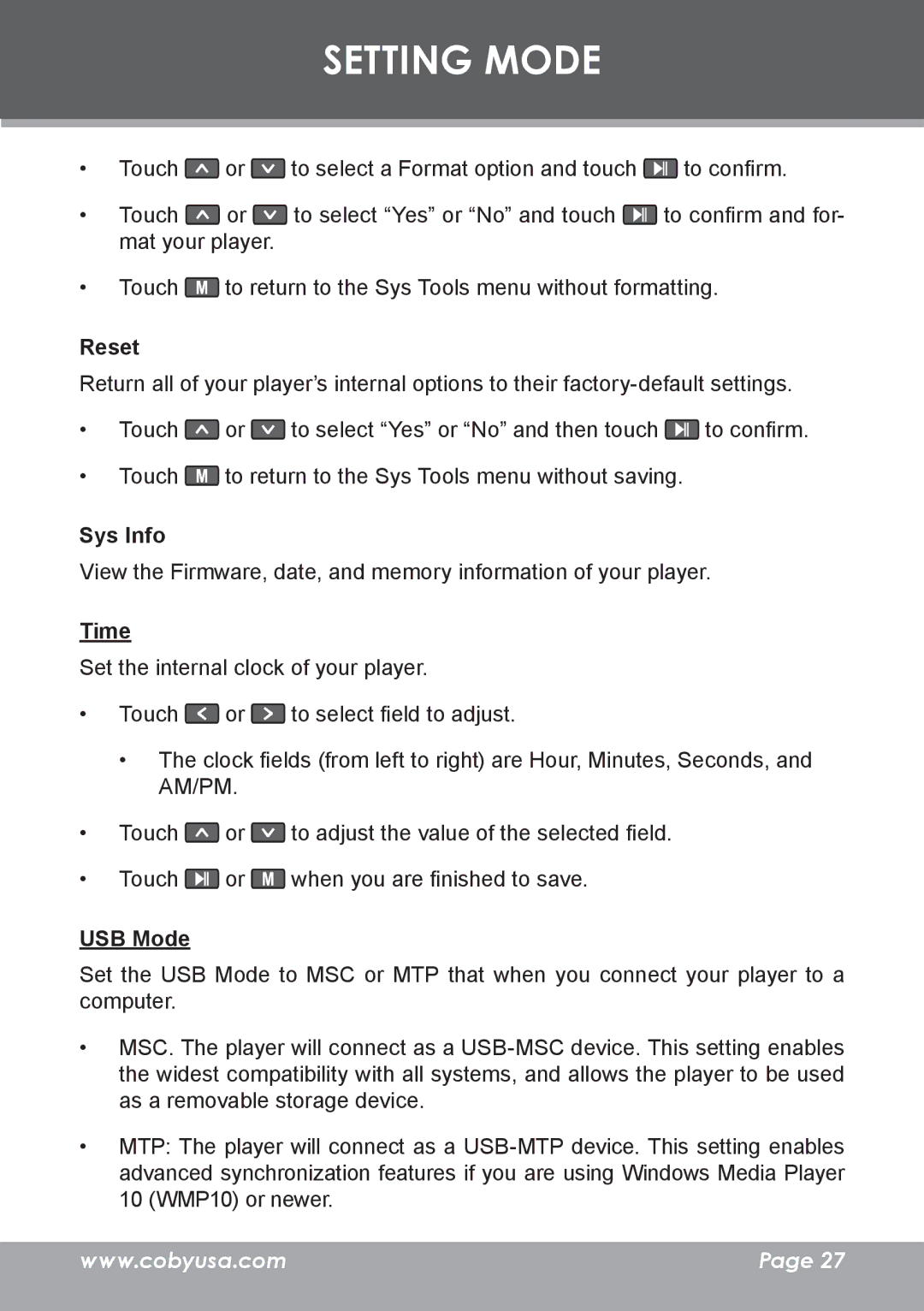 COBY electronic MP-C7095 instruction manual Reset, Sys Info, Time, USB Mode 