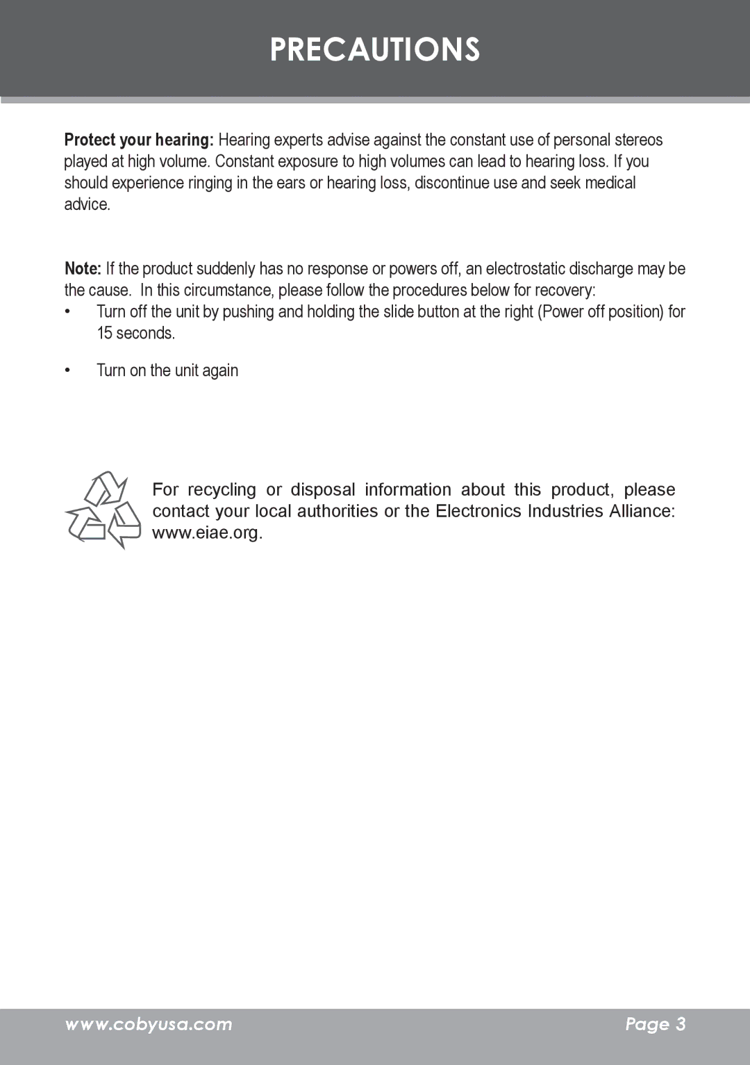 COBY electronic MP-C7095 instruction manual Precautions 