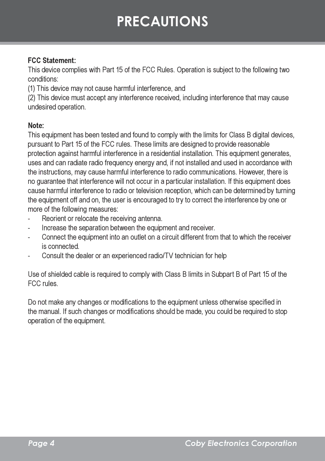 COBY electronic MP-C7095 instruction manual FCC Statement 