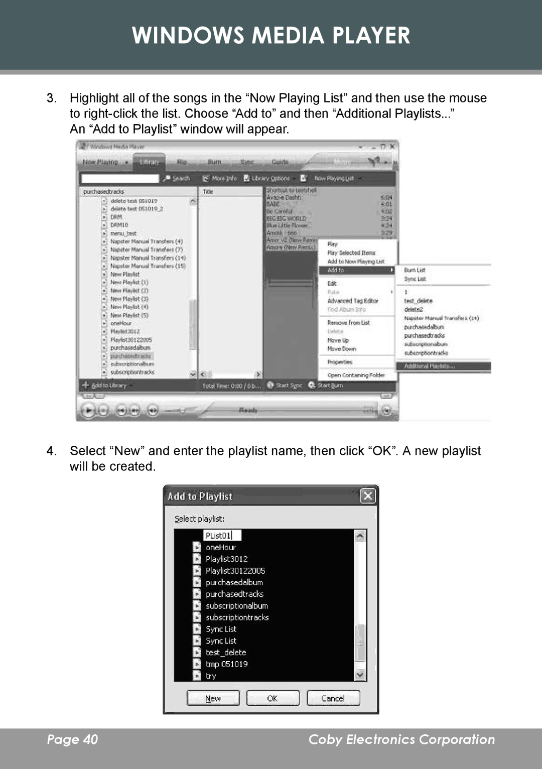 COBY electronic MP-C7095 instruction manual Windows Media Player 