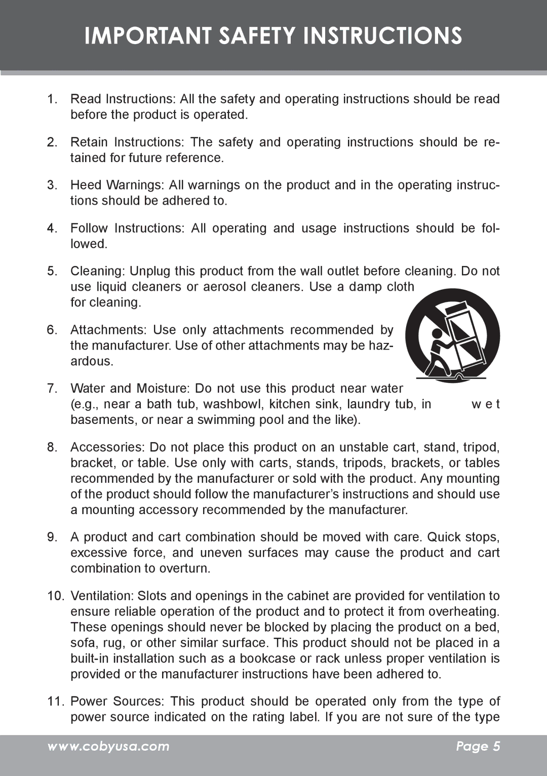 COBY electronic MP-C7095 instruction manual Important Safety Instructions 