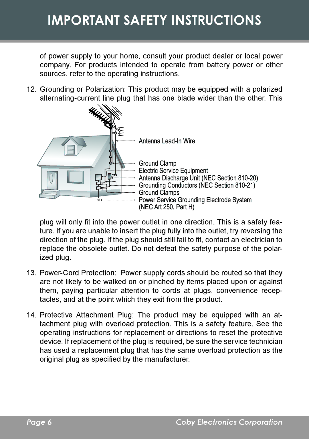 COBY electronic MP-C7095 instruction manual Important Safety Instructions 