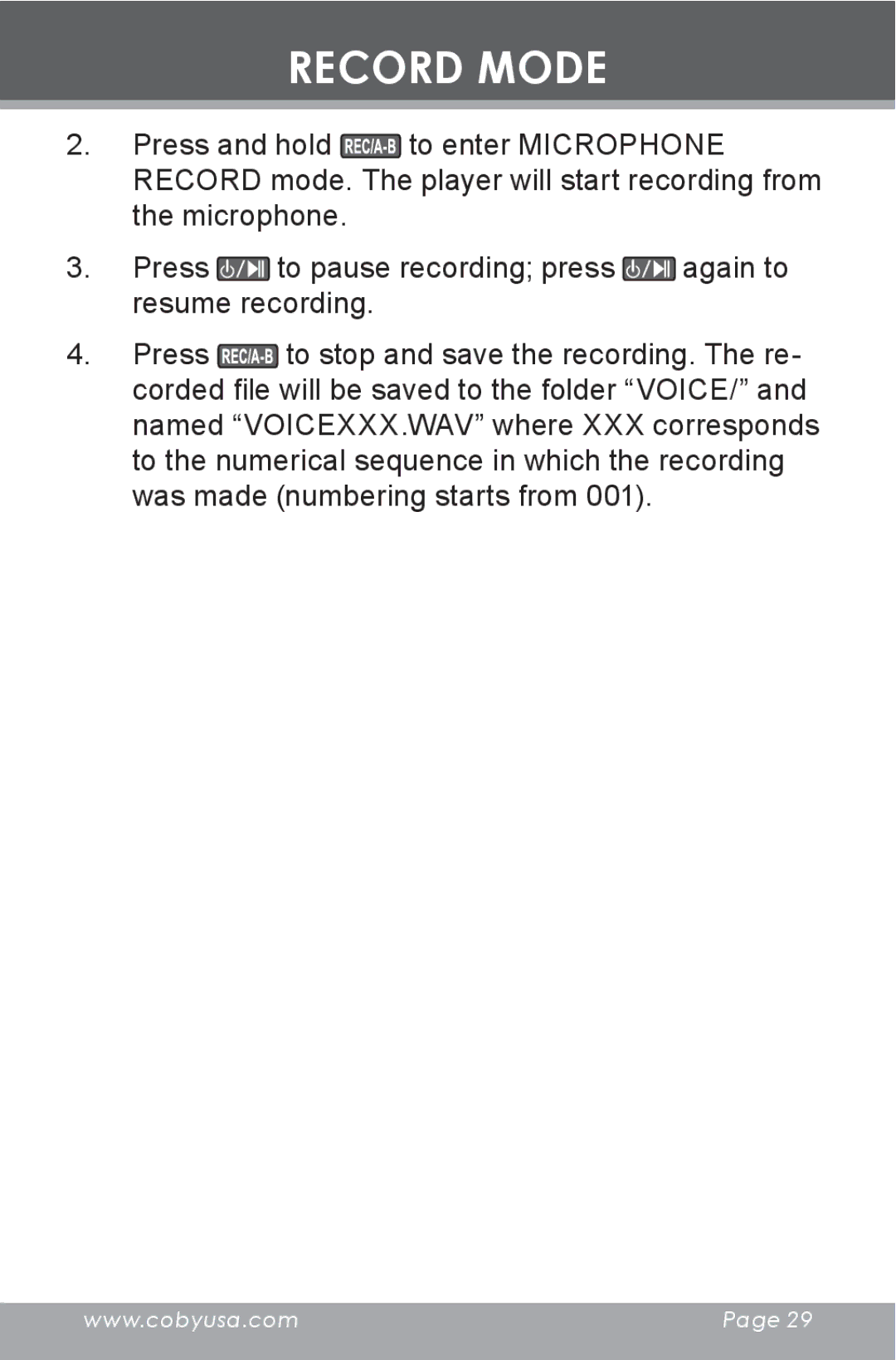 COBY electronic MP-C7097 instruction manual Record Mode 