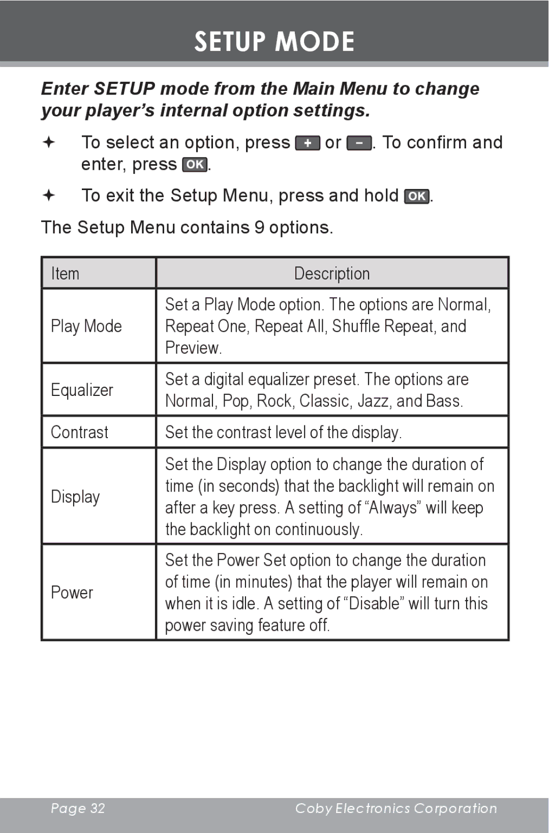 COBY electronic MP-C7097 instruction manual Setup Mode 