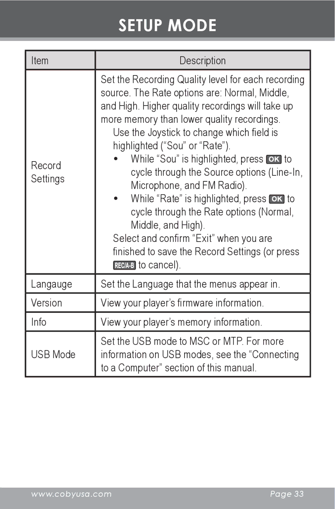 COBY electronic MP-C7097 instruction manual Settings 