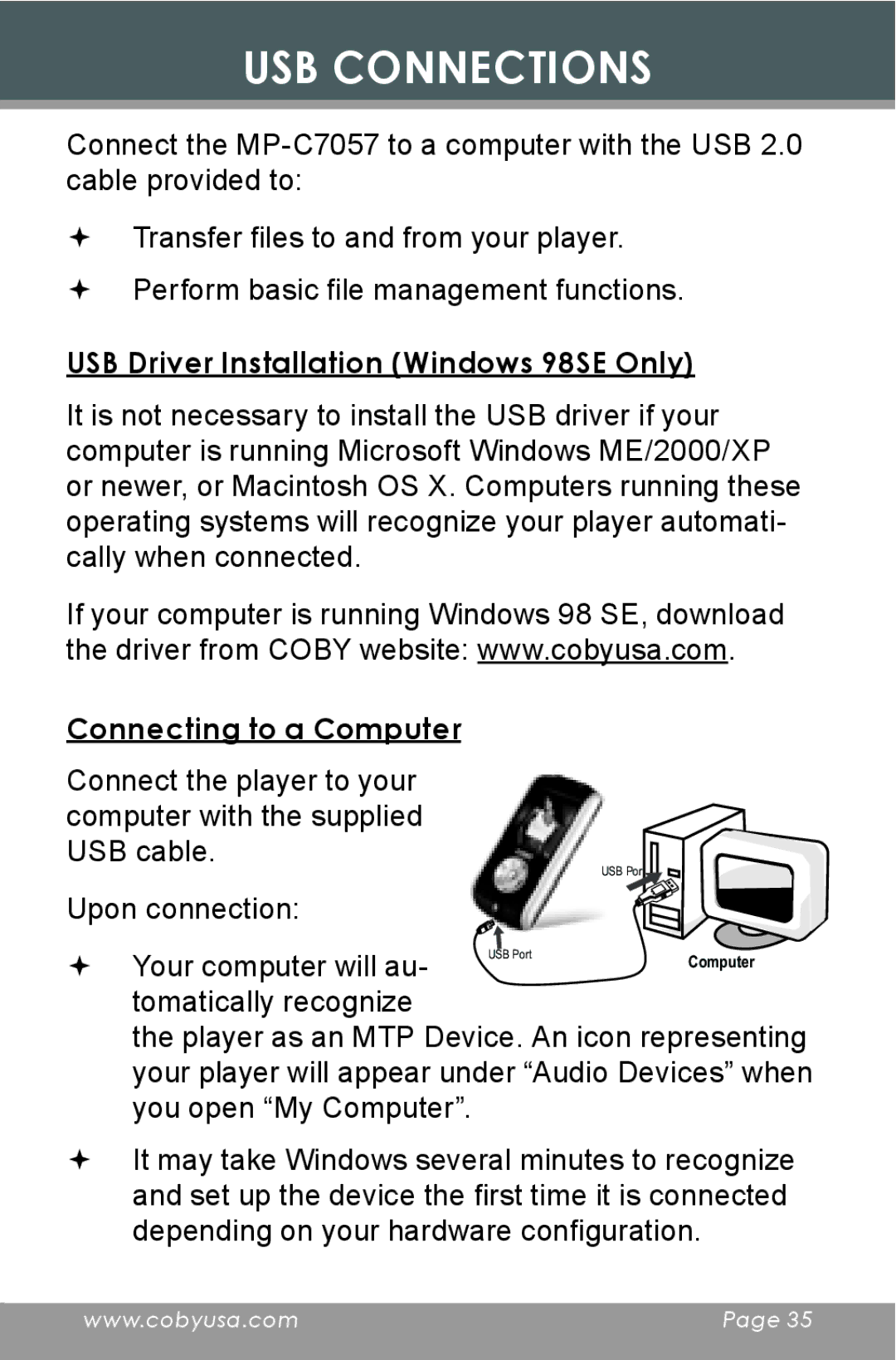 COBY electronic MP-C7097 USB Connections, USB Driver Installation Windows 98SE Only, Connecting to a Computer 