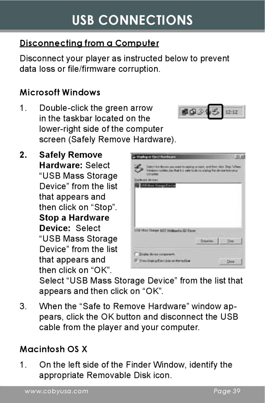 COBY electronic MP-C7097 instruction manual Disconnecting from a Computer 