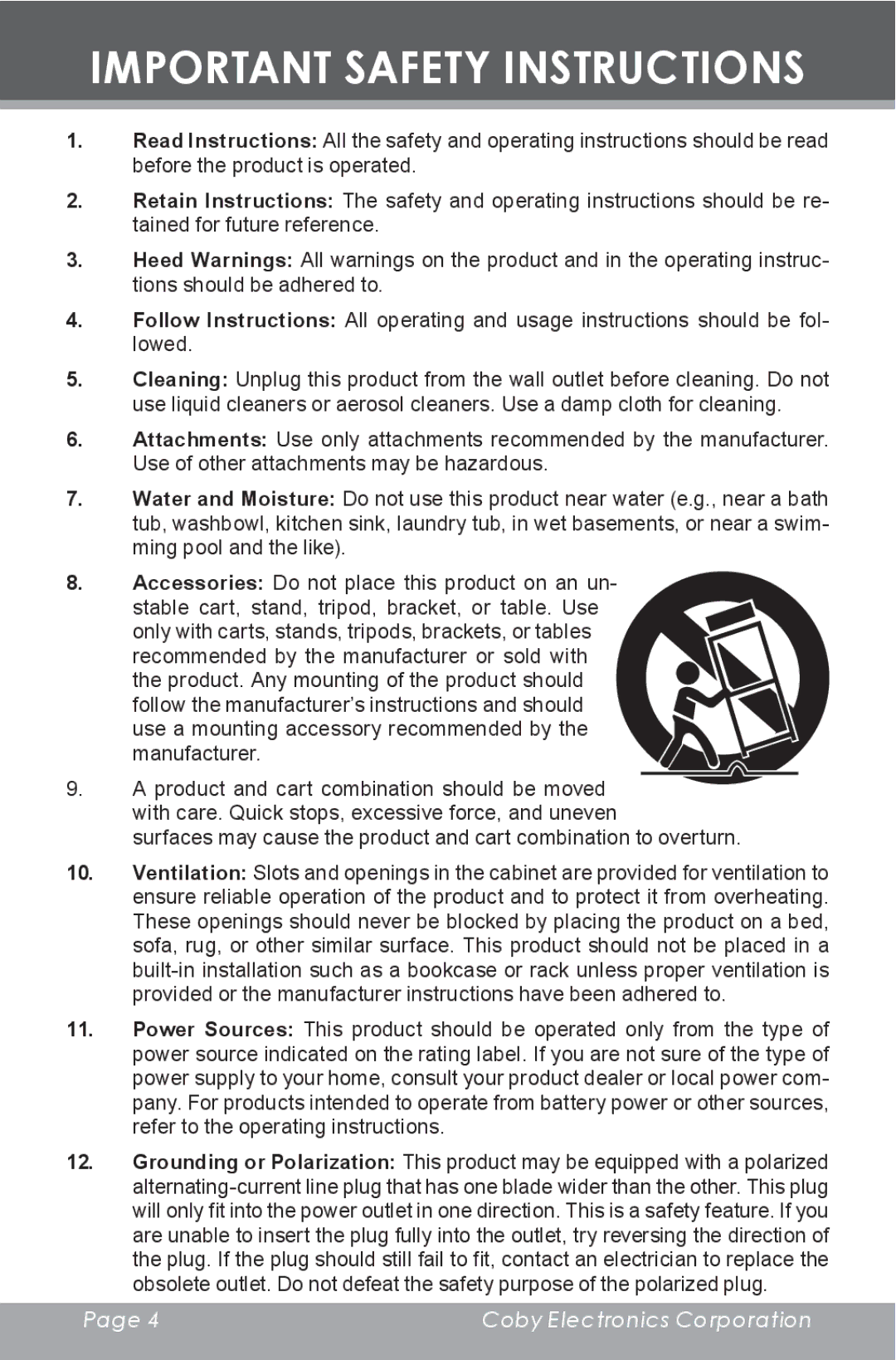 COBY electronic MP-C7097 instruction manual Important Safety Instructions 