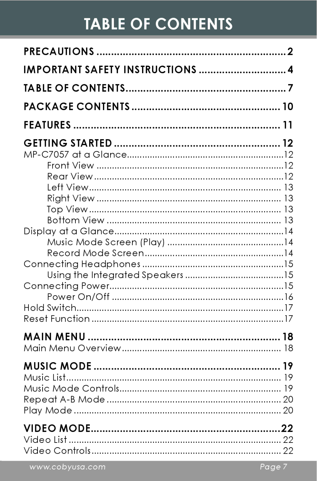 COBY electronic MP-C7097 instruction manual Table of Contents 