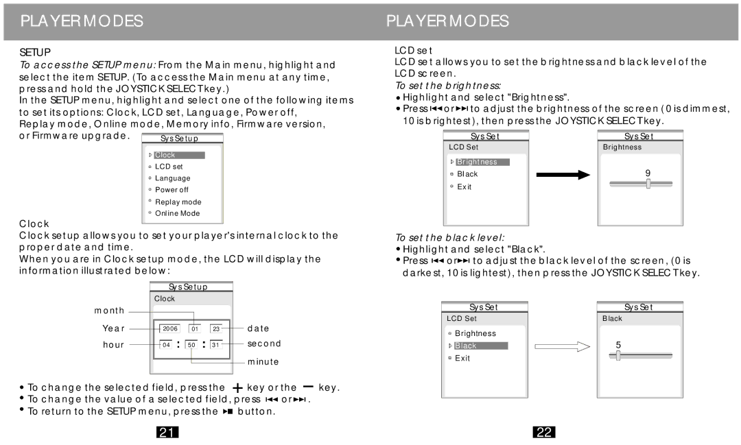 COBY electronic MP-C758 user manual LCD se t, To set the brightness, Clock, To set the black level 