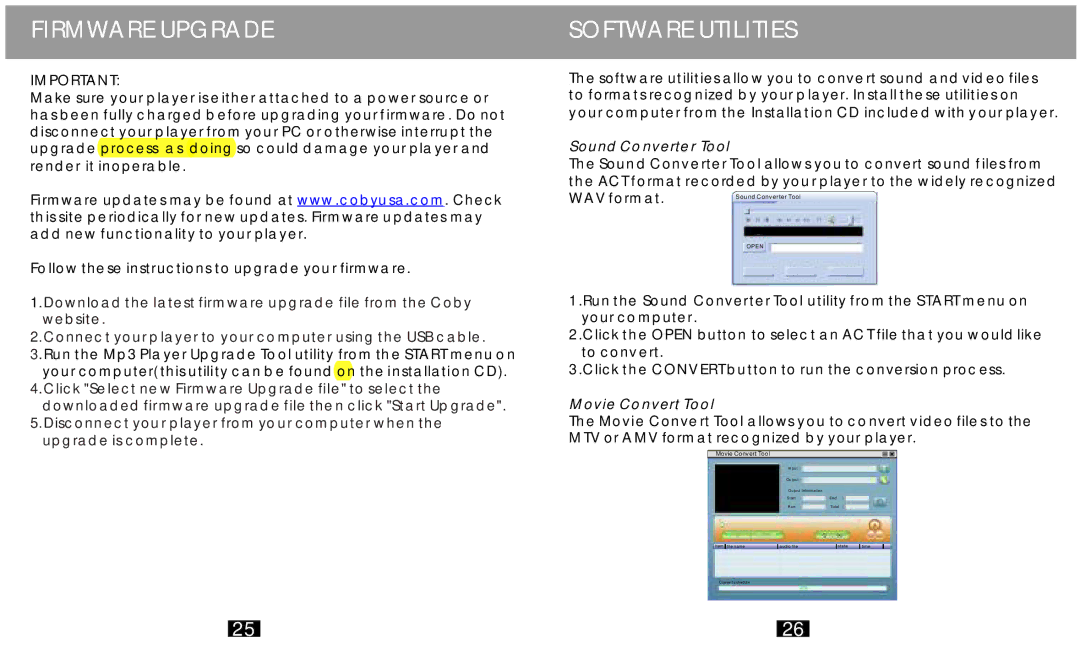 COBY electronic MP-C758 user manual Firmware Upgrade Software Utilities, Sound Converter Tool 