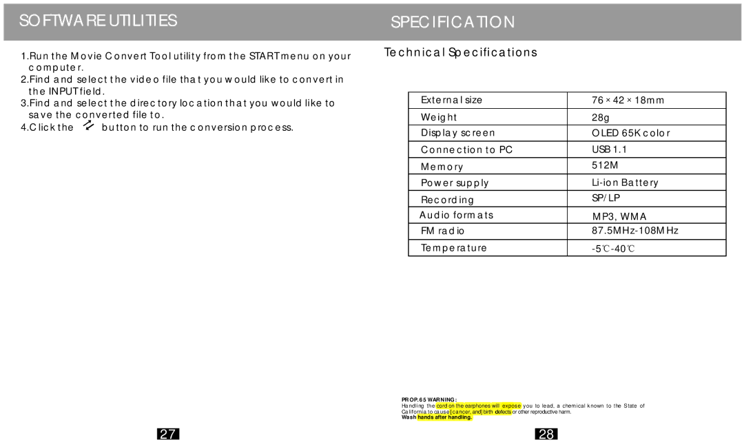 COBY electronic MP-C758 user manual Technical Specifications 