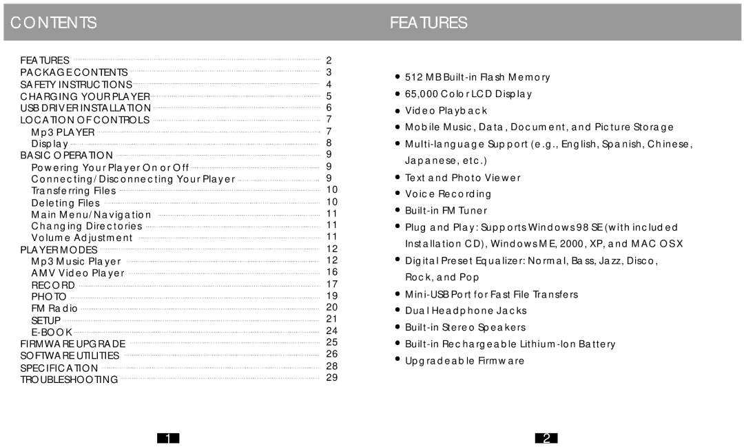 COBY electronic MP-C758 user manual Contents, Features 