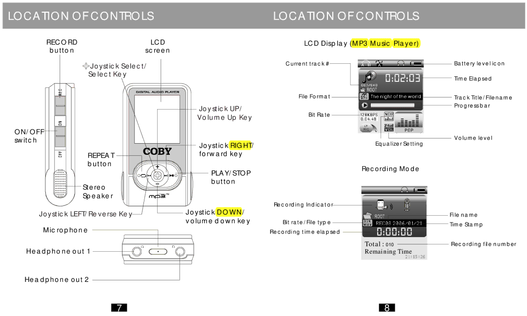 COBY electronic MP-C758 user manual Location of Controls, Recording Mode 