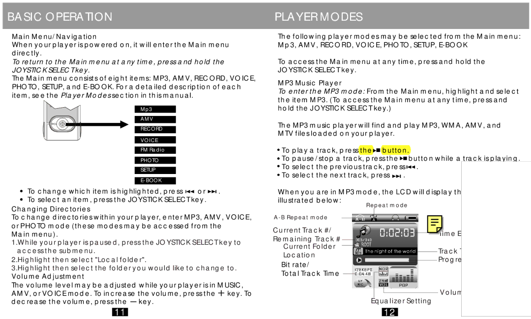 COBY electronic MP-C758 Player Modes, Main Menu/Navigation, Changing Directories, Volume Adjustment, MP3 Music Player 