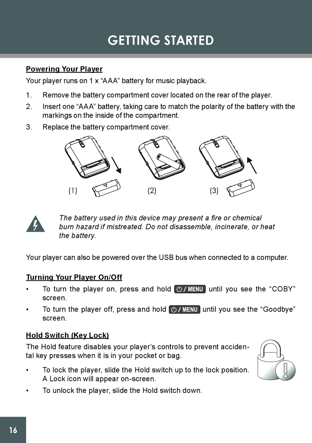 COBY electronic MP-C781 Getting Started, Powering Your Player, Turning Your Player On/Off, Hold Switch Key Lock 